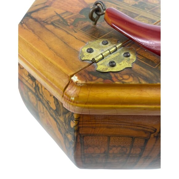 Anton Pieck Scenic Decoupage Wooden Purse With Lucite Handle - Picture 5 of 16